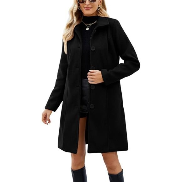 Women's Wool Peacoat Notched Collar Single Breasted Winter Mid-Long Overcoat - Picture 1 of 7